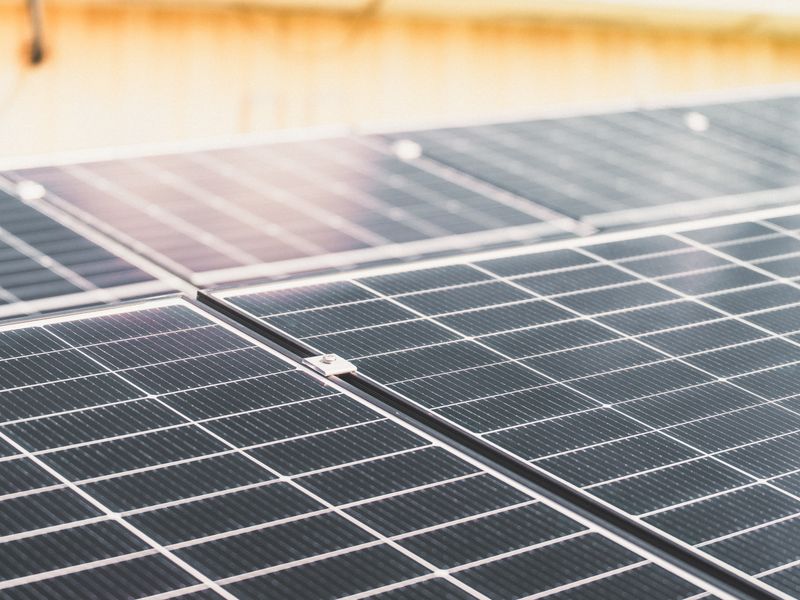 A rooftop solar panel array seen from above
