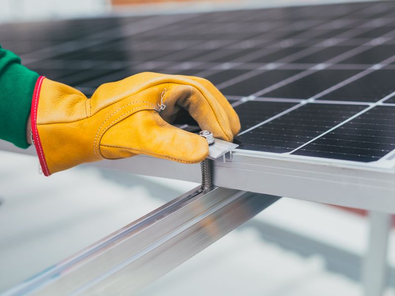 A gloved hand tightening a bolt on a solar panel mounting rail
