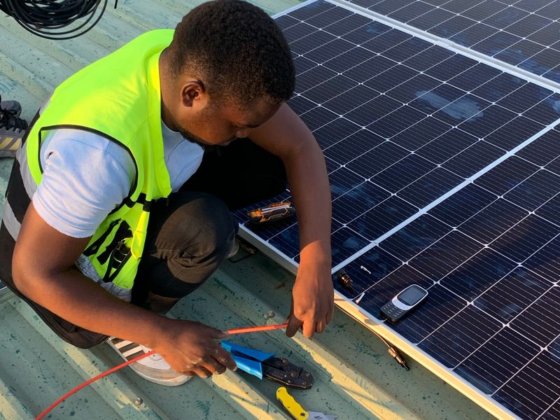Solar panel cabling and tools during an installation